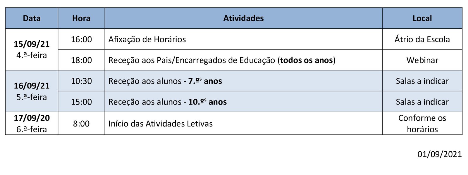 Planificação do ano letivo 2021.22 Alunos Página da Escola